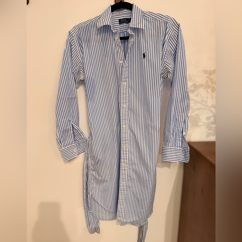 Ralph Lauren Blue & White Striped Button-Front Shirt Dress with Waist Tie - Picture 3 of 5